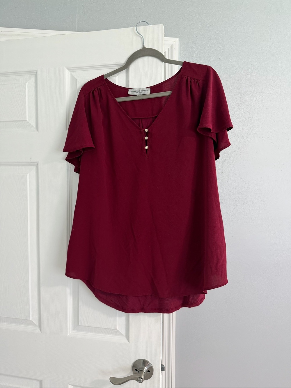 Tempted Hearts Burgundy Short Sleeve V-Neck Blouse